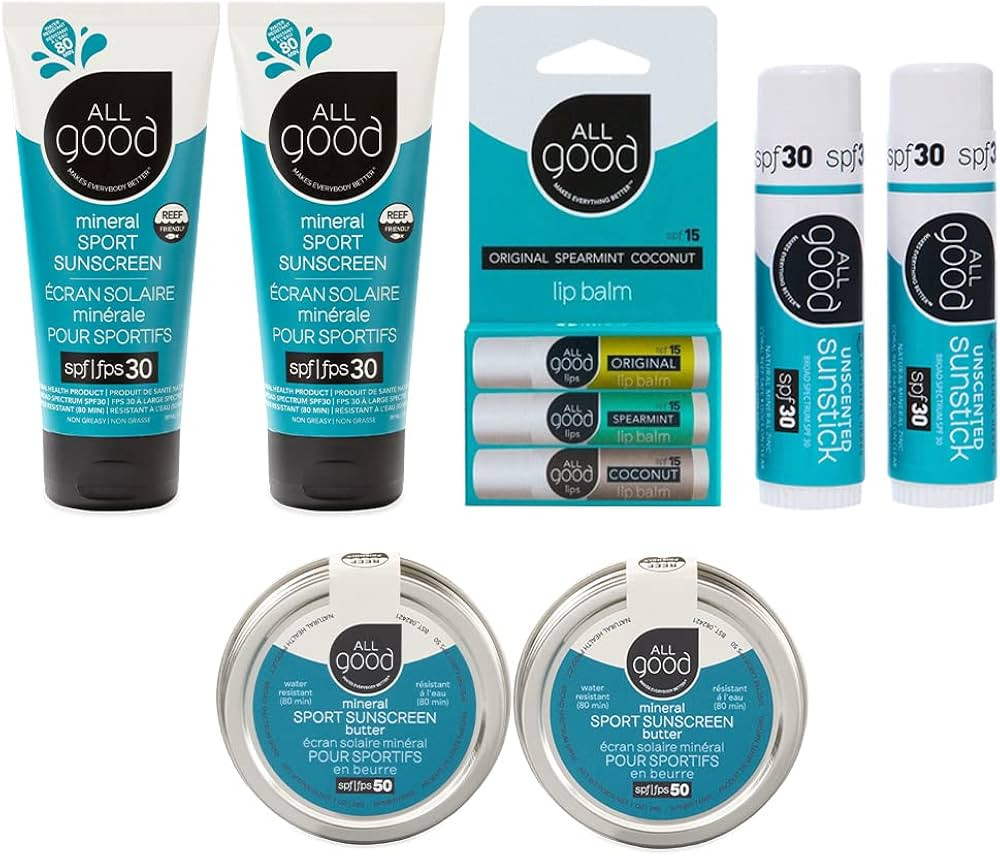 All Good Mineral Ultimate Sun Care Set - 3-Pack SPF Lip Balms, 2 Sunscreen Lotions, 2 Zinc Sun Bu... | Amazon (US)