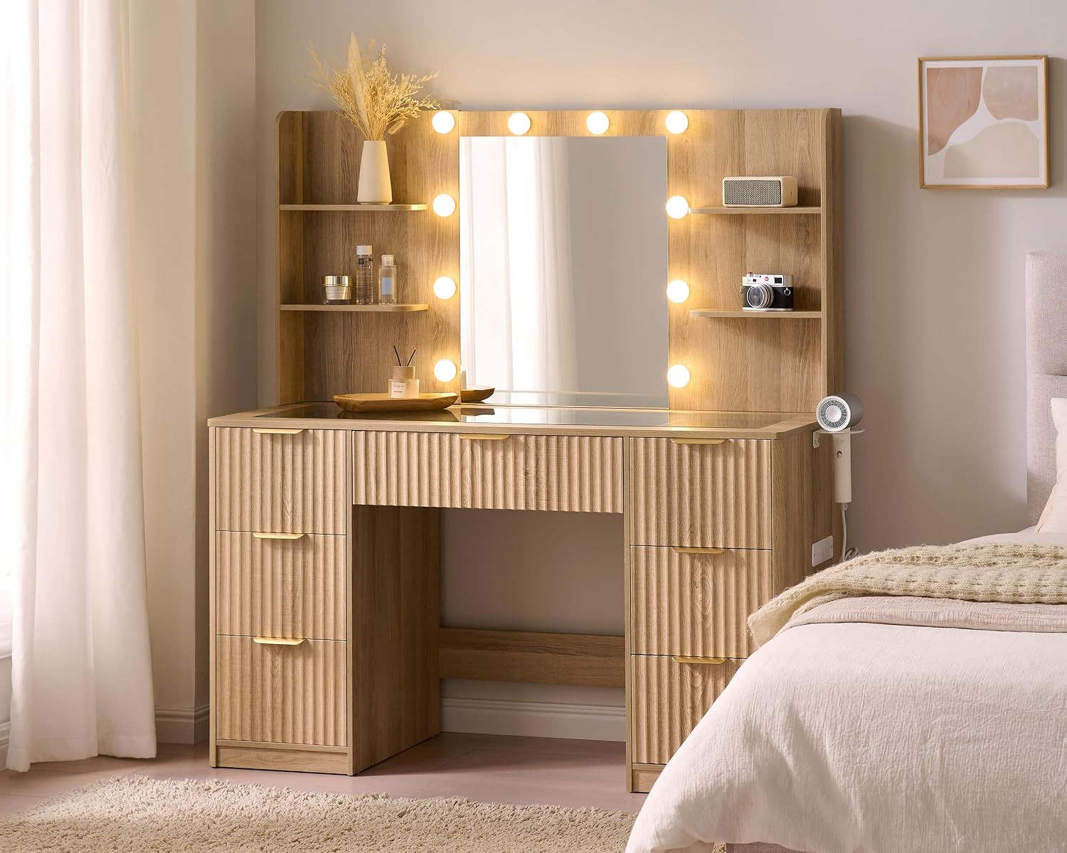 AMERLIFE 47.2" Fluted Vanity Desk with Mirror and Lights, Natural Oak | Amazon (US)