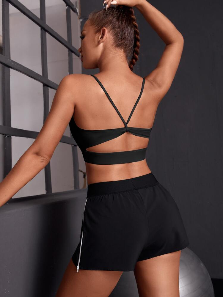 Light Support Solid Cut Out Back Sports Bra | SHEIN