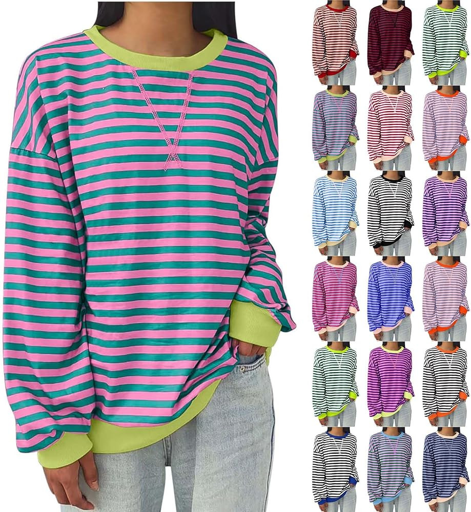 Womens Sweatshirt Casual Striped Color Block Long Sleeve Crewneck Pullover Tops Oversized Sweatsh... | Amazon (US)