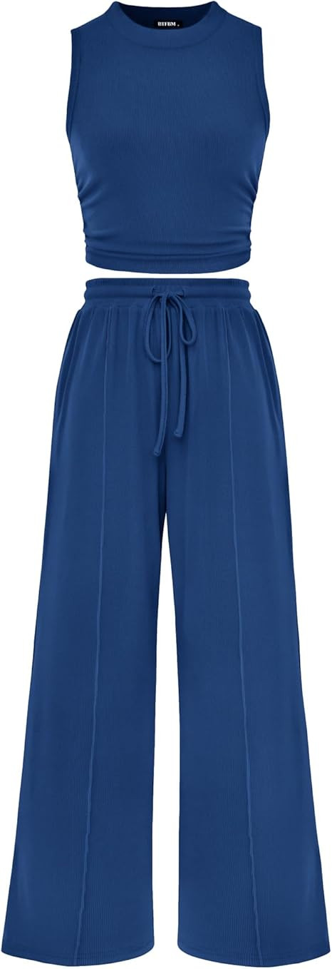 BTFBM Summer Outfits For Women 2026 Ribbed Sleeveless Tank Tops Wide Leg Pants 2 Piece Sets Loung... | Amazon (US)