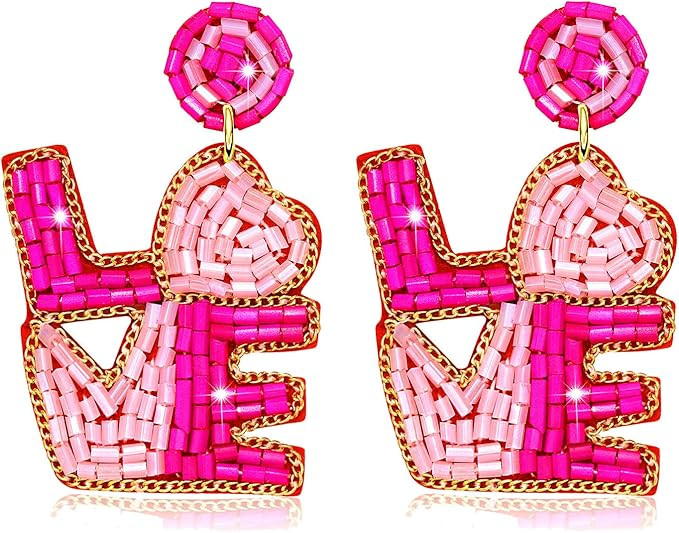 CEALXHENY Beaded Drop Earrings Handmade Seed Bead Heart Hoop Dangle Earrings Bohemia Statement Ea... | Amazon (US)