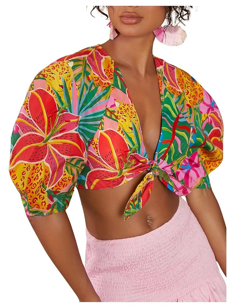 MakeMeChic Women's Tropical Crop Tops Boho Summer Boho Puff Sleeve Blouse Deep V Neck Tie Front T... | Amazon (US)