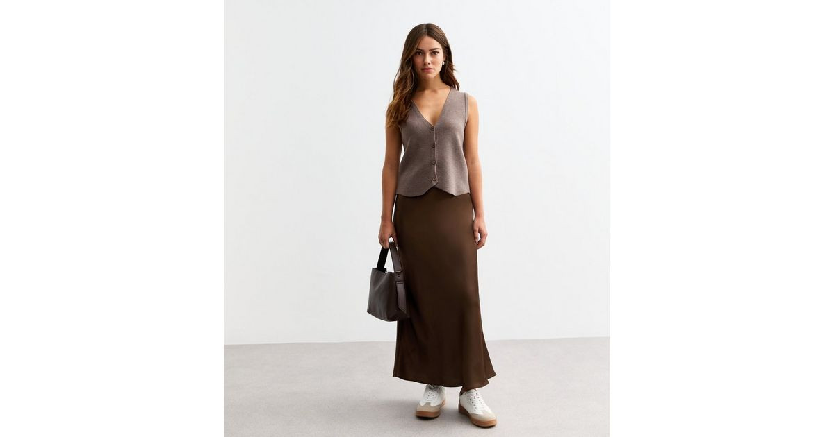 Petite Brown Satin Midi Skirt | New Look | New Look (UK)