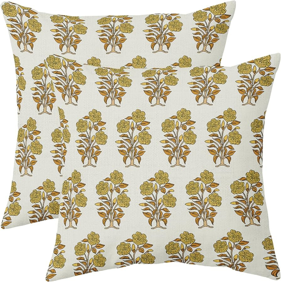 Mustard Yellow Floral Block Print Pillow Covers 18x18 Set of 2 Chinoiserie Flower Leaves Outdoor Decorative Throw Pillows Farmhouse Pillowcases Linen Cushion Case Decor for Home Sofa Couch Bed | Amazon (US)