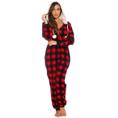 Just Love Womens One Piece Buffalo Plaid Adult Bodysuit Faux Sherling Lined Hoody Pajamas 6290-RE... | Target