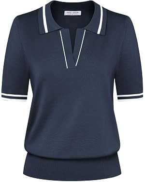 Kate Kasin Women Short Sleeve Polo Sweater V Neck Knitted Tops Casual Ribbed Shirt Loose Pullover... | Amazon (US)