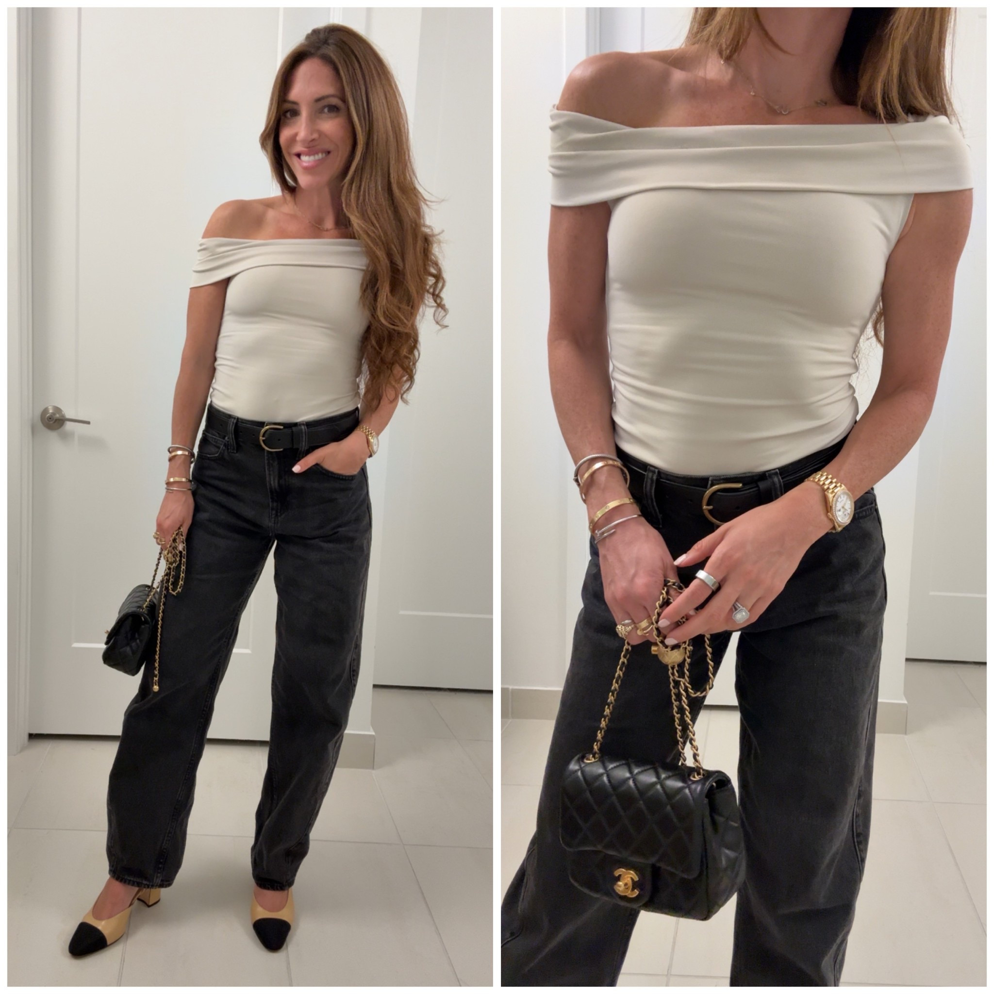 Date night outfit- asymmetric top, the perfect black belt (named that for a reason), black barrel jeans, and class toe cap sling back pumps 

#LTKStyleTip #LTKPetite #LTKFindsUnder100
