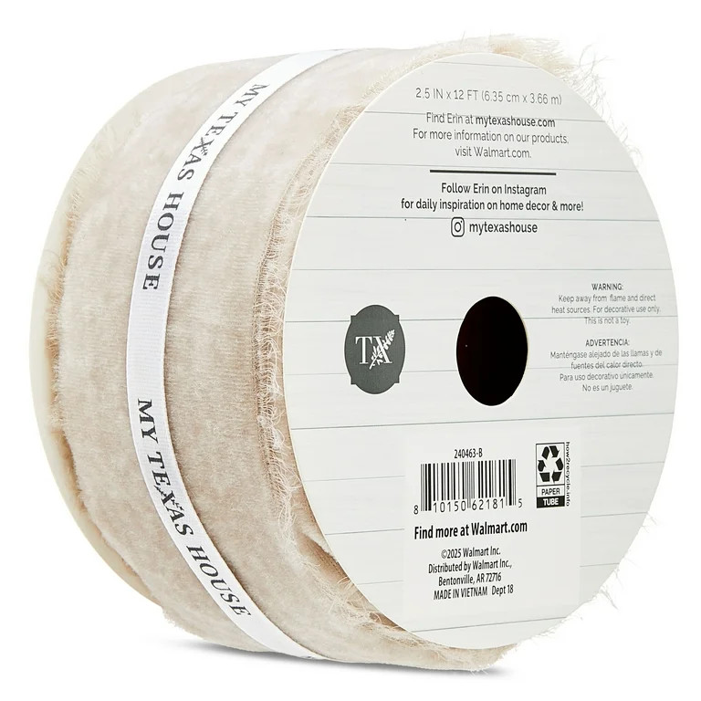 Taupe Frayed Edge Christmas Ribbon, 12', by My Texas House | Walmart (US)