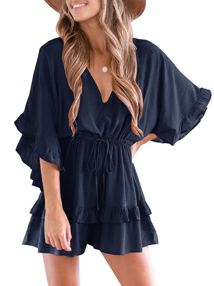 Valphsio Womens V Neck Beach Romper Ruffle Layered Drawstring Waisted Shorts Jumpsuit | Amazon (US)