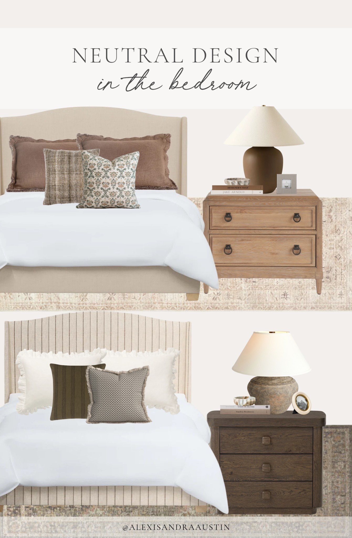 Neutral style inspo in the bedroom! Showcasing light and bright details and a contrasting dark and moody bedroom inspo look to match a variety of styles. 

Home finds, neutral home inspo, collected style, upholstered bed frame, coy throw pillow, nightstand details, furniture favorites, neutral wood tones, table lamp, king bed shams, linen detail, light and bright, dark and moody, neutral decor book, frame details, Wayfair, Woven Nook, found it on Amazon, McGee and Co, Target style, 

#LTKHome #LTKSeasonal