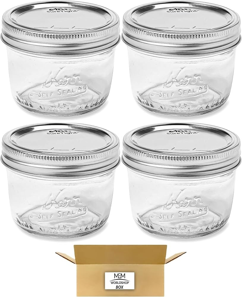 (4 Pack) - Kerr Wide Mouth Half-Pint Glass Mason Jars 8-Ounces with Airtight Lids and Bands - For... | Amazon (US)