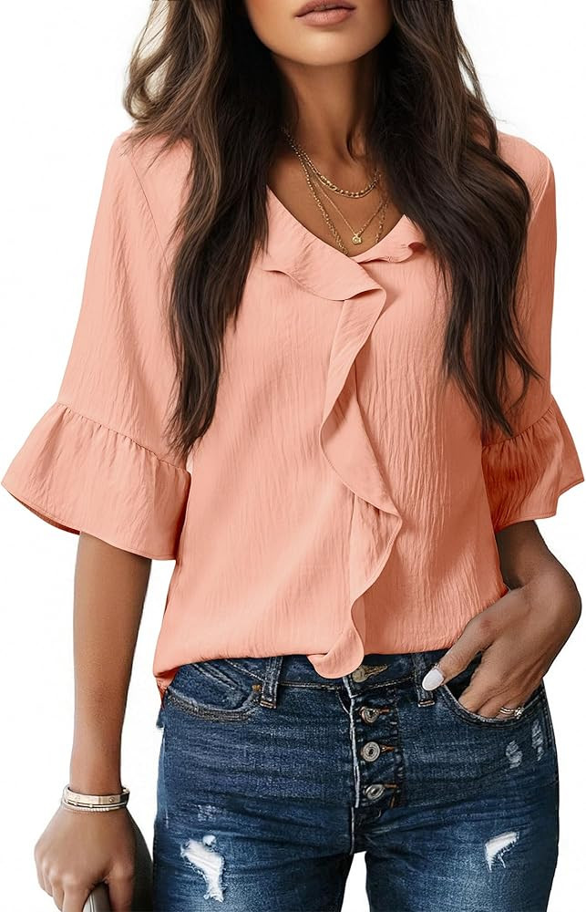 siliteelon Womens Blouses Dressy Casual 3/4 Sleeve Ruffle Bell Top Ladies Business Formal Work Sh... | Amazon (US)