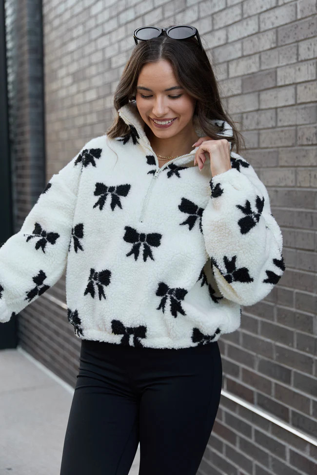Esme White & Black Bow Sherpa Zip Up Jacket SALE | Pink Lily