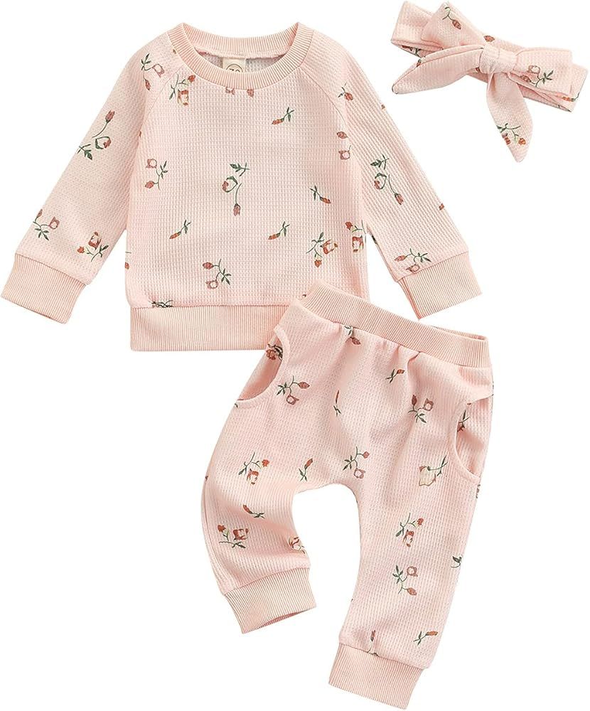 Infant Baby Girl Flower Print Pullover Sweatshirt Tops Pocket Pants Headband Fall Winter Outfits | Amazon (US)