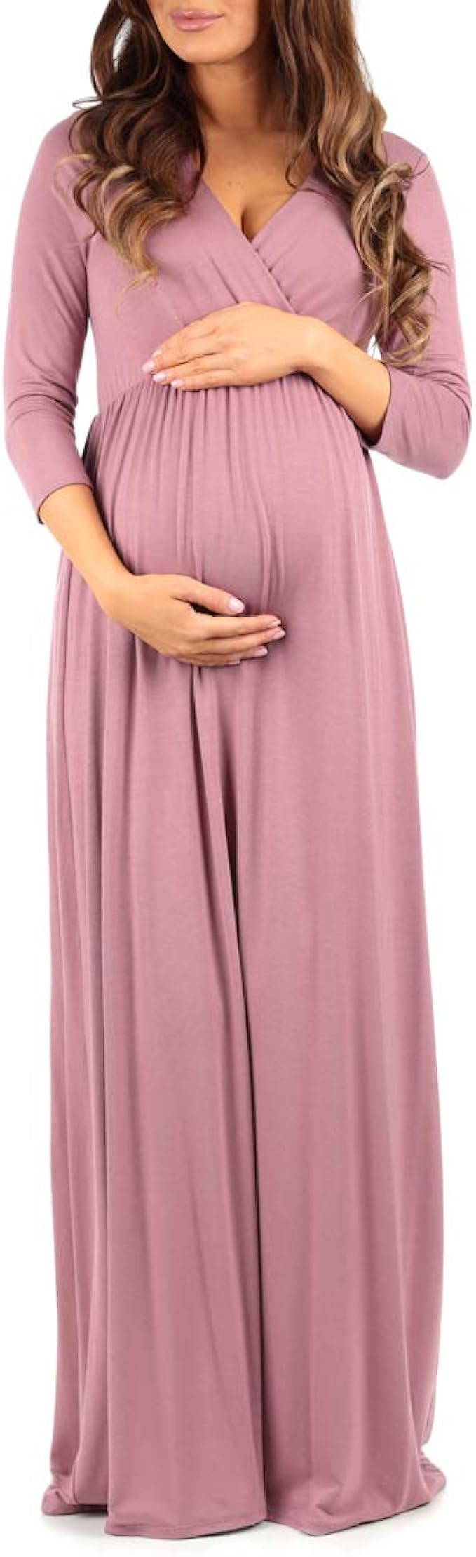 Mother Bee Maternity 3/4 Sleeve Ruched Maternity Dress W/Empire Waist for Baby Showers or Casual ... | Amazon (US)