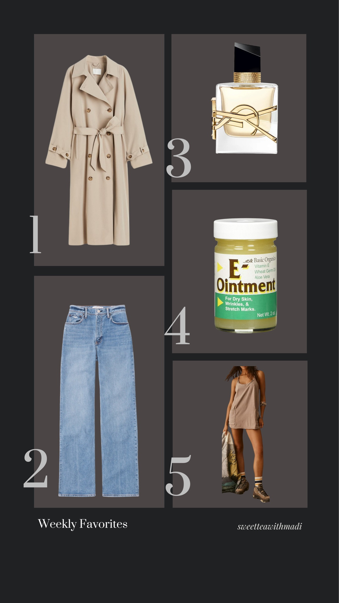 Our favorites from the last week! We are all loving the YSL perfume!! 

Weekly favorites, most loved, trenchcoat, amazon skincare, Abercrombie jeans, free people romper, sweetteawithmadi, Madi messer 

#LTKbeauty #LTKstyletip #LTKSeasonal