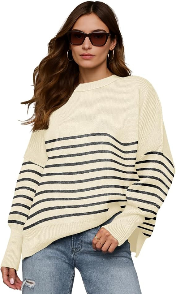 Womens Crewneck Batwing Long Sleeve Sweaters Fall 2025 Oversized Side Slit Ribbed Knit Sweaters P... | Amazon (US)