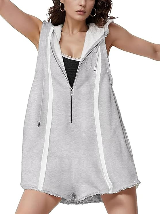 Women's Summer Sleeveless Athletic Workout Hooded Rompers Casual Zip-Front Neck Shorts Jumpsuit O... | Amazon (US)