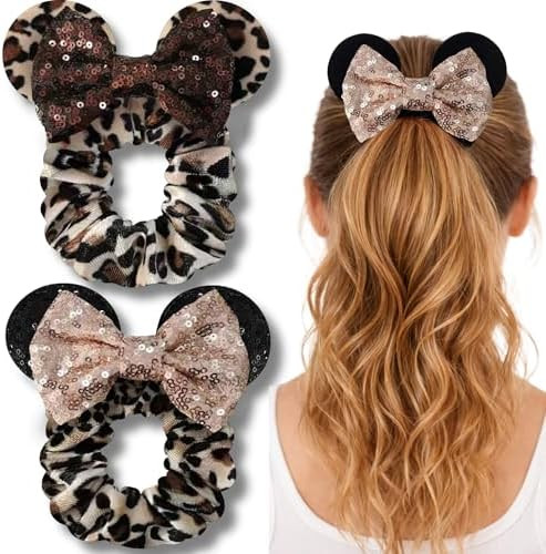 Styla Hair 2-Pack Velvet Mouse Ear Scrunchies with Sequin Bow – Leopard | Amazon (US)