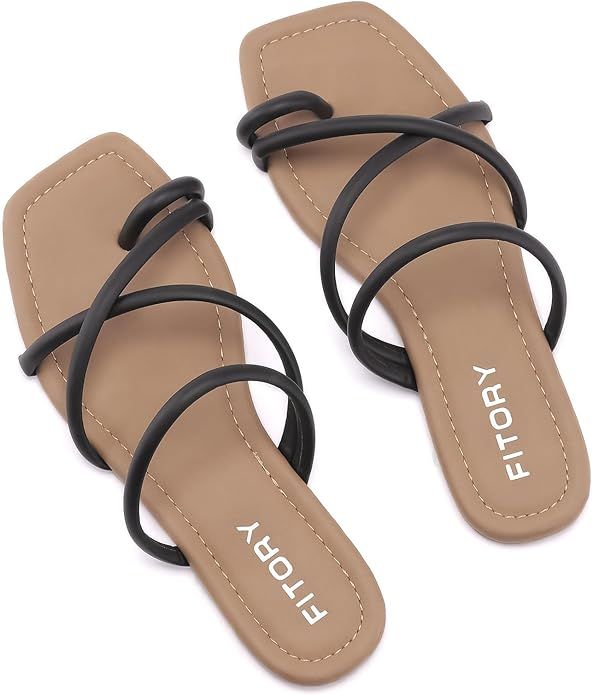 FITORY Women's Slide Sandals Flat Toe Ring Thongs with Cross Strap for Summer Size 6-11 | Amazon (US)