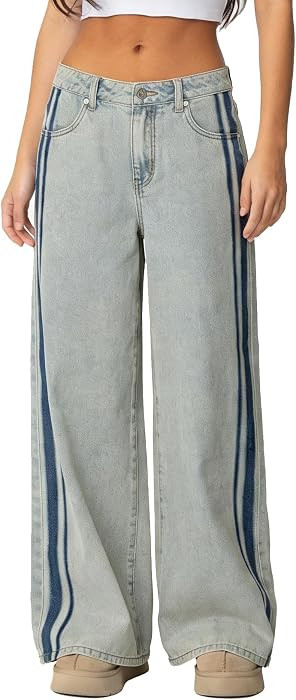 Women's Side Stripe Washed Stretch Waisted Baggy Jeans Casual Wide Straight Leg Pants | Amazon (US)