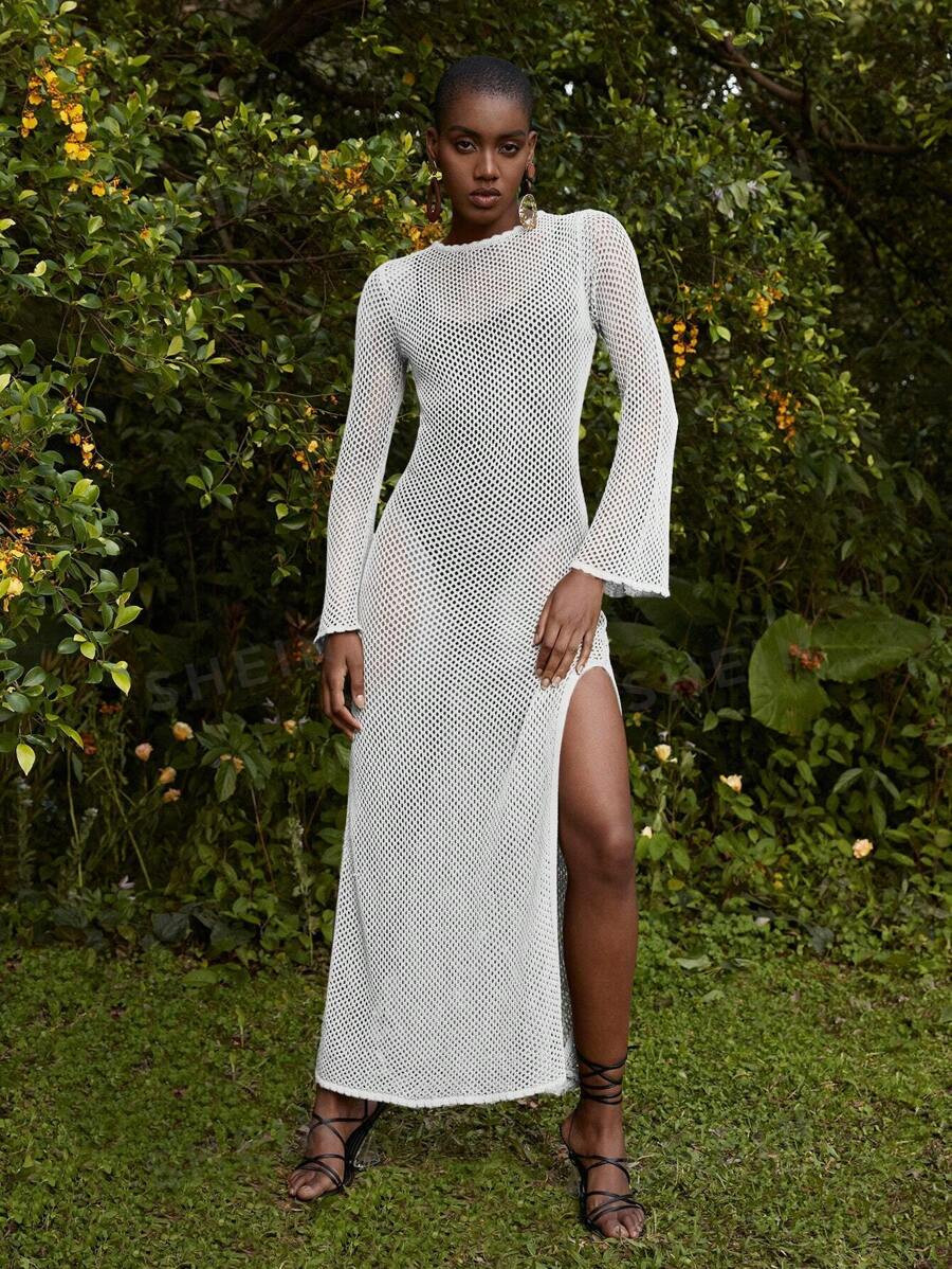 Amiko Split Thigh Crochet Beach Cover Up Dress | SHEIN