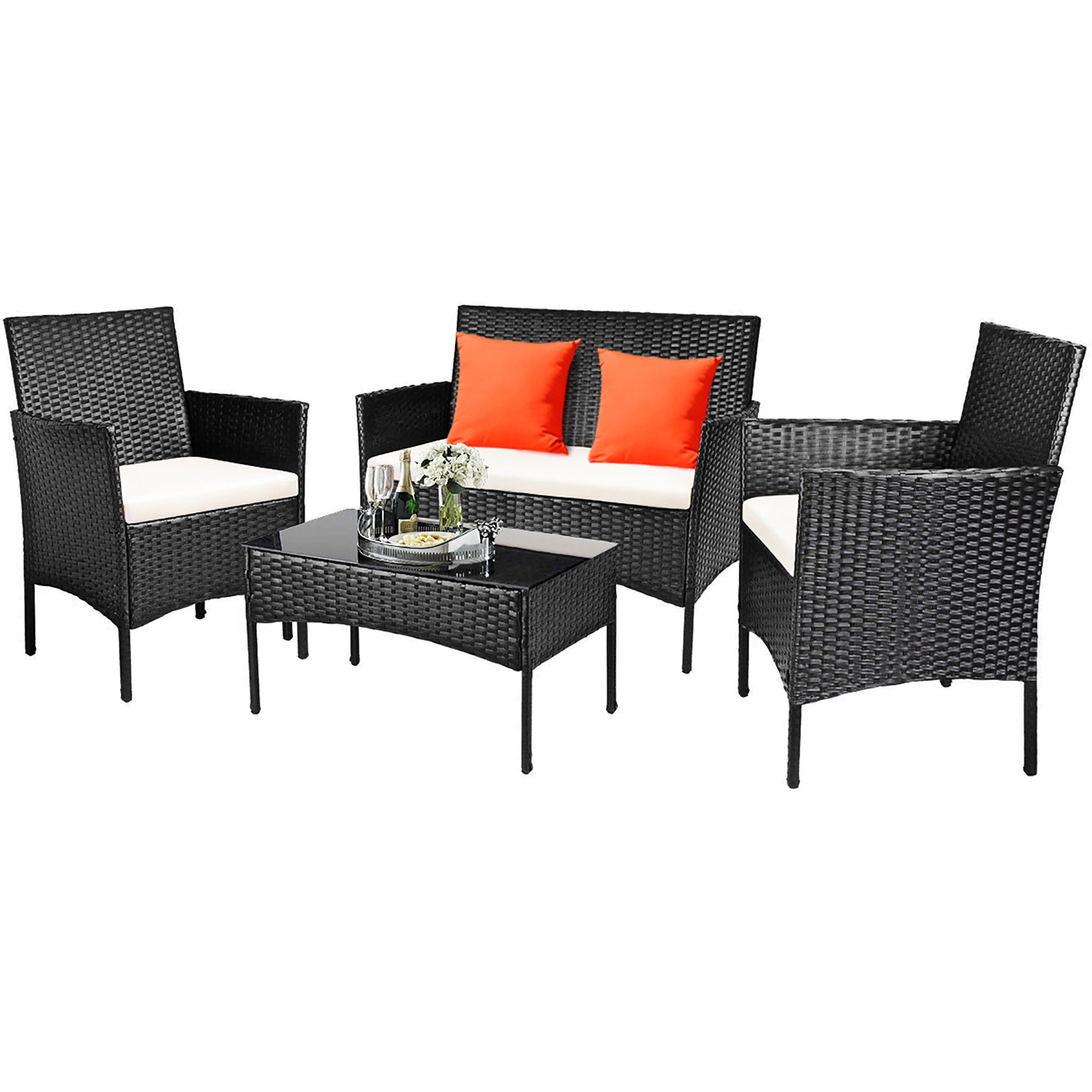 Costway 4 PC Outdoor Rattan Furniture Set Loveseat Sofa Cushioned Patio Garden Steel | Walmart (US)