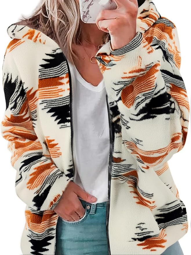 Womens Western Aztec Print Zip up Hoodies Sherpa Fleece Sweatshirt | Amazon (US)