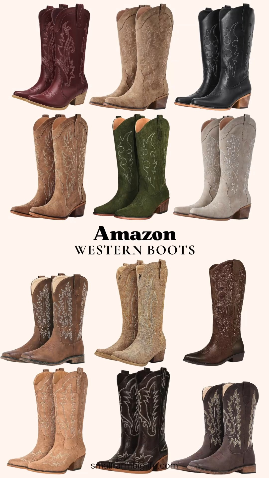 Amazon Western Boots

Western boots are one of the biggest fall fashion trends this season, and this roundup of Amazon cowboy boots has a pair in every color. Most are mid calf cowgirl boots with classic stitched embroidery and a chunky heel. Choose a snip toe in brown, camel, beige, black, or olive green suede, or a pointed toe in tan, burgundy, or dark brown. If you need a little more room, the square toe western boots in brown and dark brown have a wide, comfortable fit, and there's a bronze knee high cowboy boot that comes in a wide calf. Many of these fall boots have cushioned foam insoles and pull on styling, so they're comfortable enough for a country concert, a fall wedding, travel, or everyday wear. Wear them with a sweater dress, a flowy midi skirt, or your favorite jeans for easy fall outfits that work for women over 50, and add a pair to your next fall fashion haul.

#amazonfashion #amazonfinds #westernboots #cowboyboots #fallboots #fallshoes 

 #LTKdayinmylife #LTKootd #LTKOver40