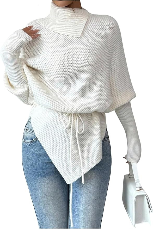 Milumia Women's Asymmetrical Mock Turtleneck Poncho Sweater Dolman Long Sleeve Tie Waist Knit Pul... | Amazon (US)