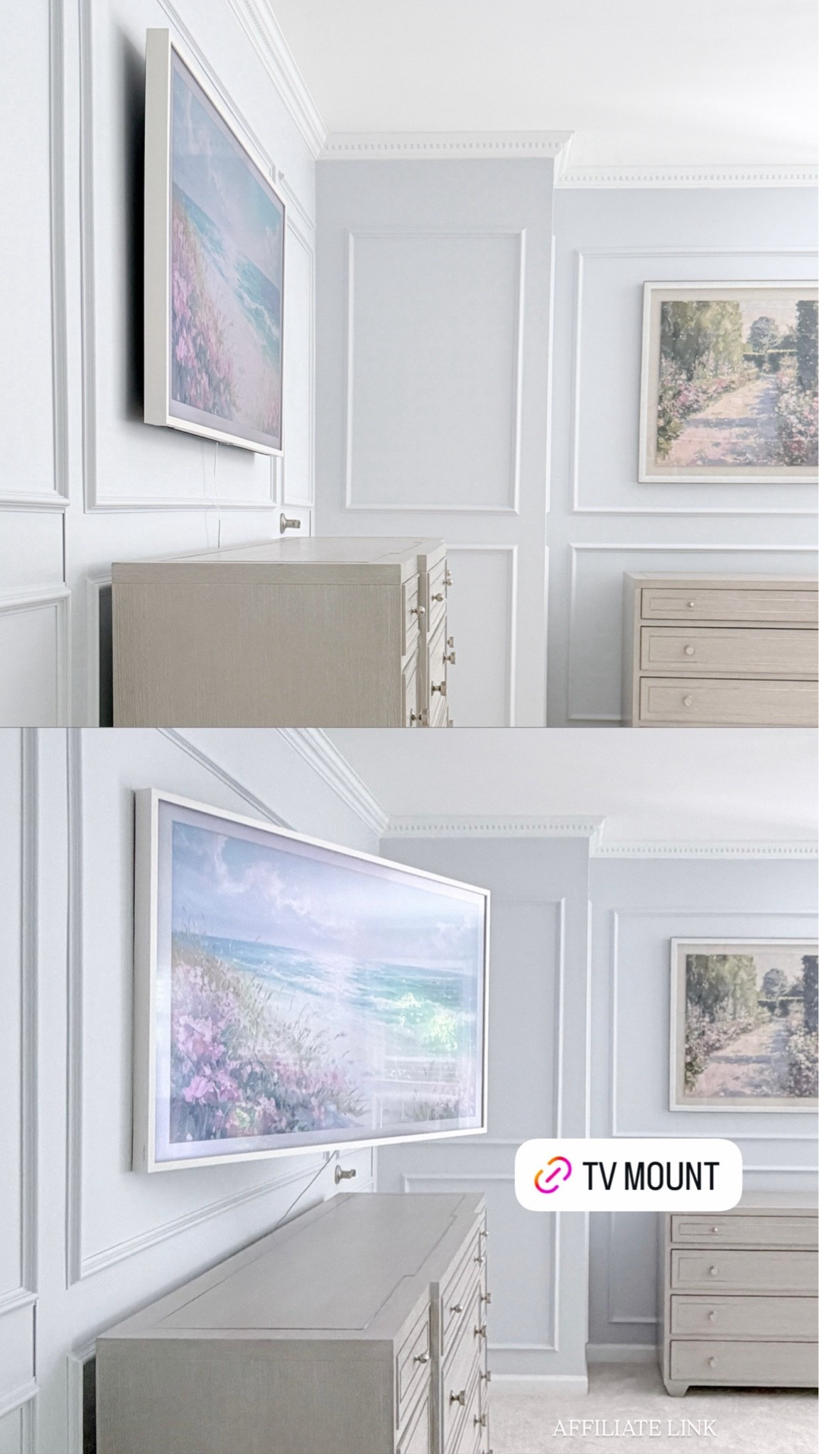 Low profile full motion tv wall mount. I used this wall mount to get a better viewing angle for my Samsung frame tv & love how it sits pretty close to the wall, but can easily be pulled forward, side to side or tilted up or down. Very sturdy but I did have to buy additional screws to install it on a 2020 model frame tv. I love that when pushed back, even from the side it’s not visible & just seems like a shadow & the tv is floating.

#LTKSaleAlert #LTKHome