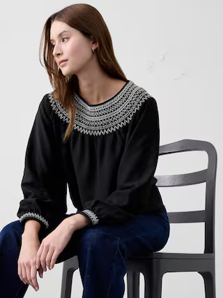 Embroidered-Neck Top | Banana Republic Factory