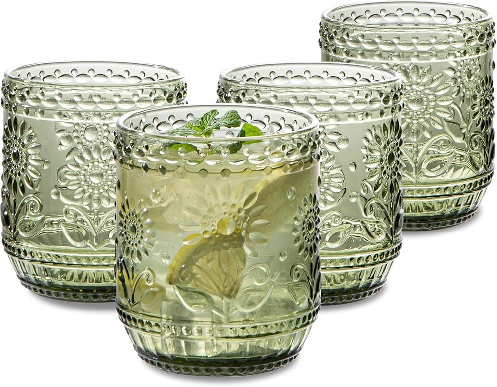 SoulTimes Glass Cups Vintage Glassware Drinking Glass Set of 4, Embossed Floral Decorative Glasse... | Amazon (US)
