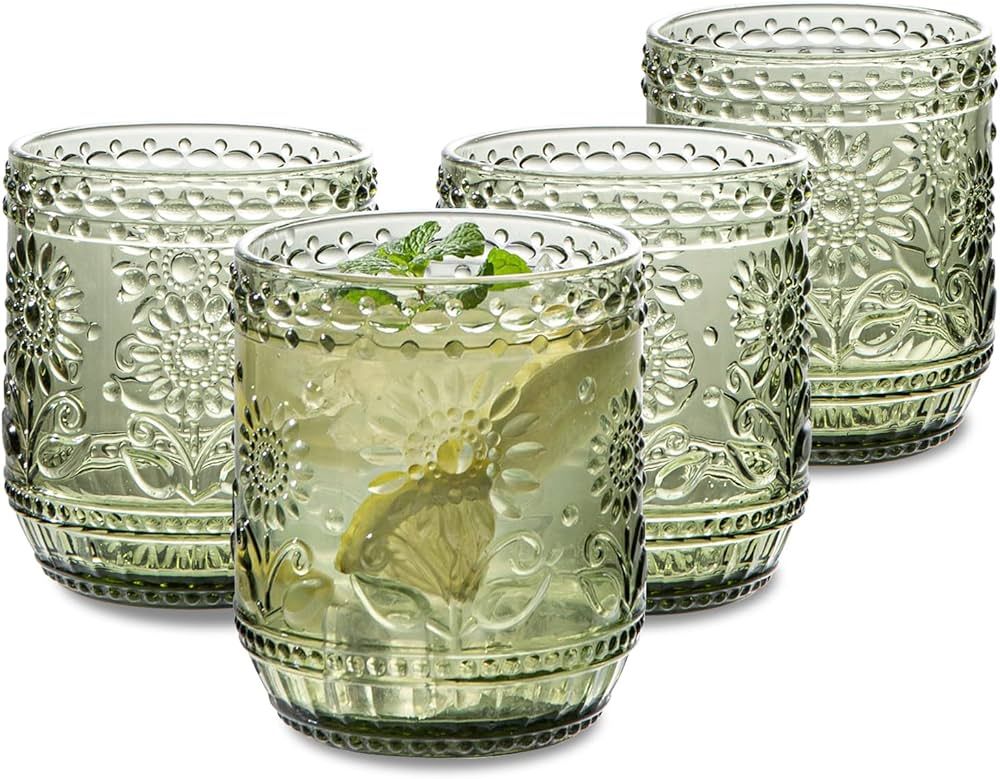 SoulTimes Glass Cups Vintage Glassware Drinking Glass Set of 4, Embossed Floral Decorative Glasse... | Amazon (US)