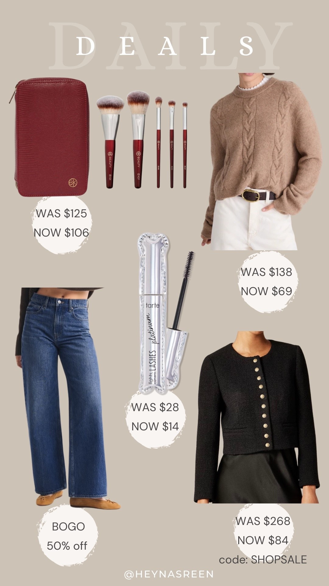 Daily deals on BK Beauty travel brush set, Madewell sweater, Tarte mascara, J.Crew tweed lady jacket, Abercrombie wide leg jeans 