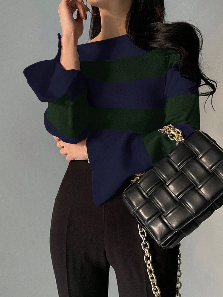 DAZY Women's Striped Boat Neck Bell Sleeve Fitted Sweater, Olive Green, Spring/Autumn,Fall Women ... | SHEIN