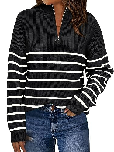 LILLUSORY Women's Quarter Zip Striped Oversized Sweater 2026 Mock Turtleneck Fall Fashion Outfit | Amazon (US)