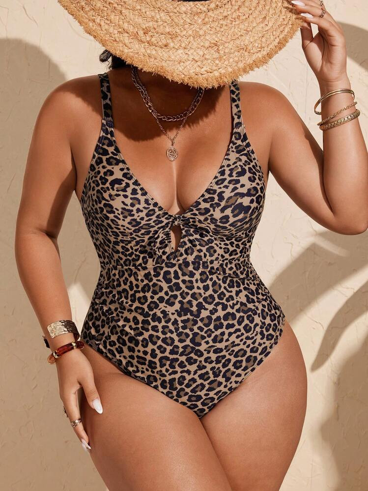 Swim Vcay Plus Size Women's One-Piece Fashionable Sexy Leopard Print V-Neck Tie Front Hollow Out Adjustable Straps Casual One-Piece Swimsuit For Summer Beach Vacation | SHEIN