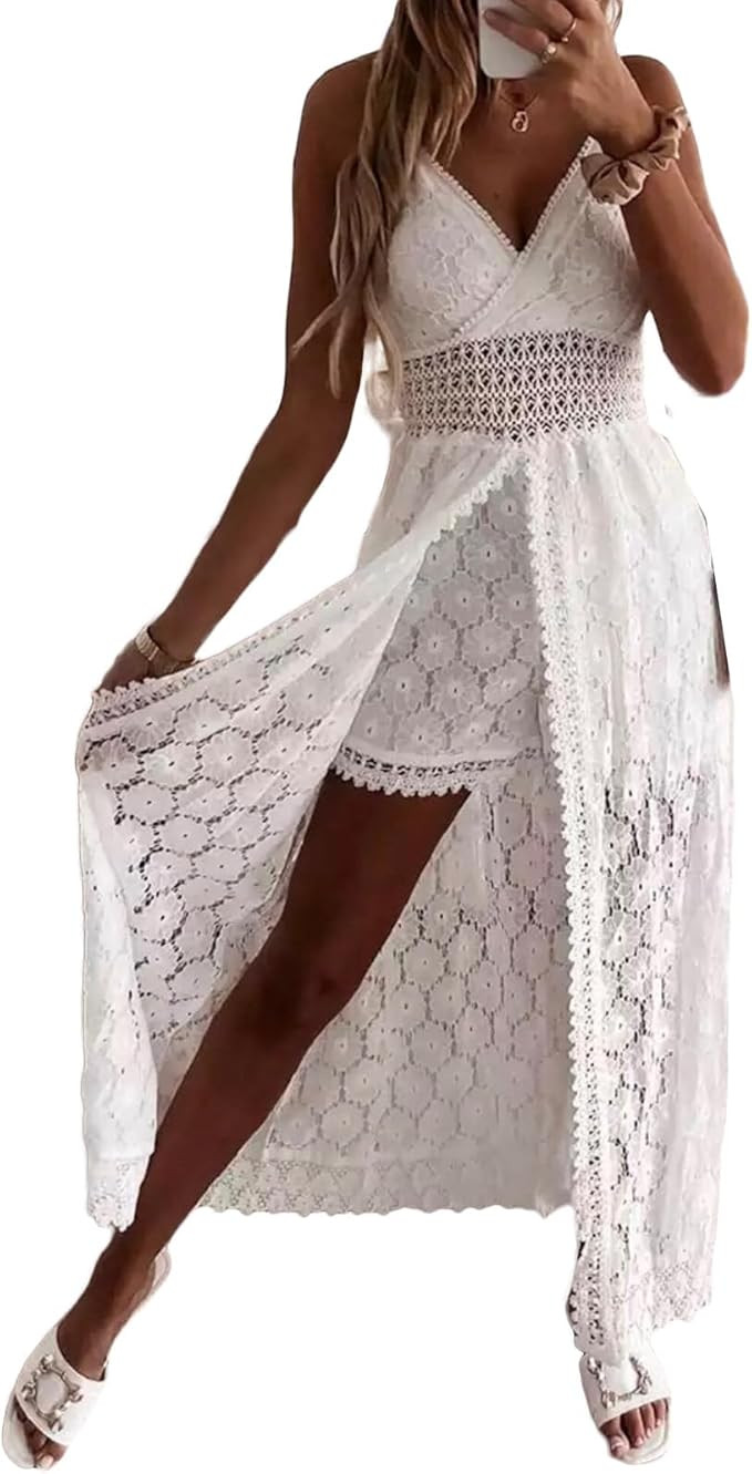 Women's Boho Lace Maxi Midi Dress Sexy V-Neck Sleeveless Spaghetti Straps Backless Beach Ruffle M... | Amazon (US)
