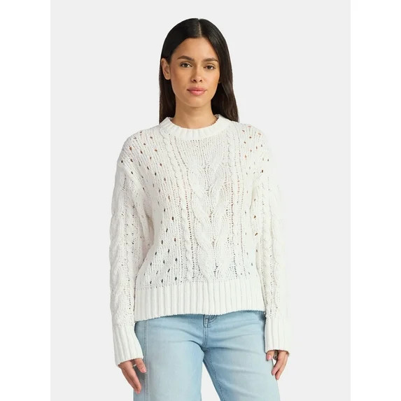 Time and Tru Women's Cable Knit Pullover Sweater with Long Sleeves, Midweight, Sizes XS-XXXL | Walmart (US)