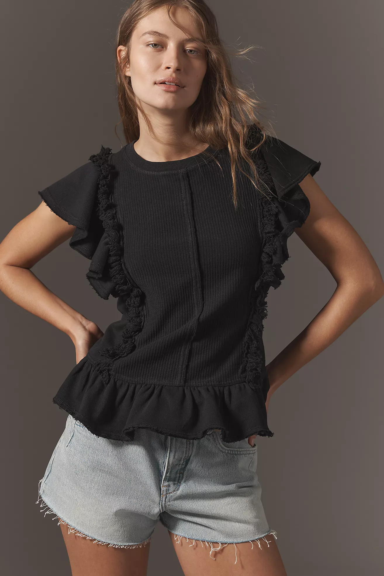 Pilcro Short-Sleeve Ruffled Fringe Sweatshirt | Anthropologie (US)