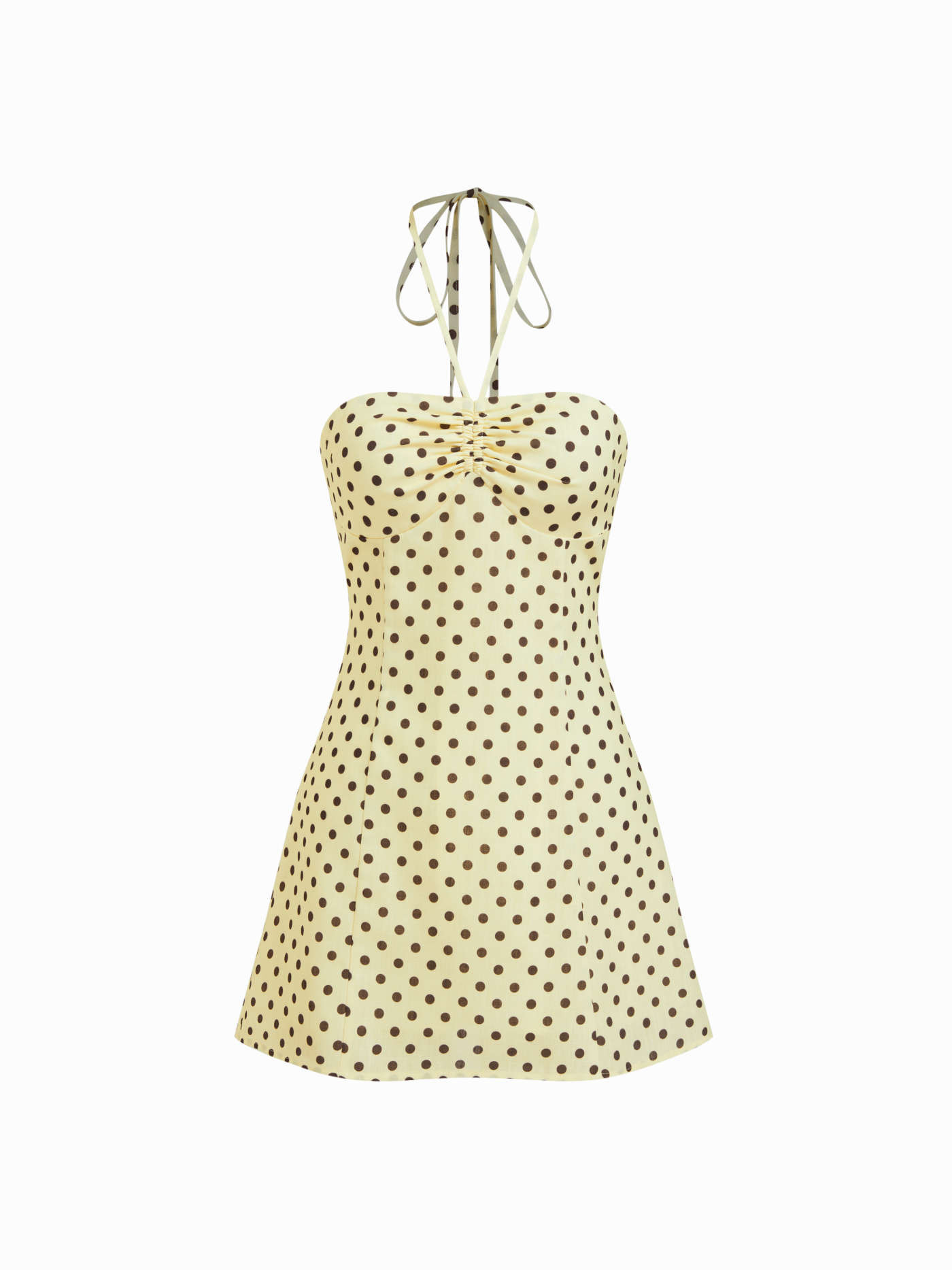Woven Halter Neckline Polka Dot Drawstring Mini Dress For Date | Cider