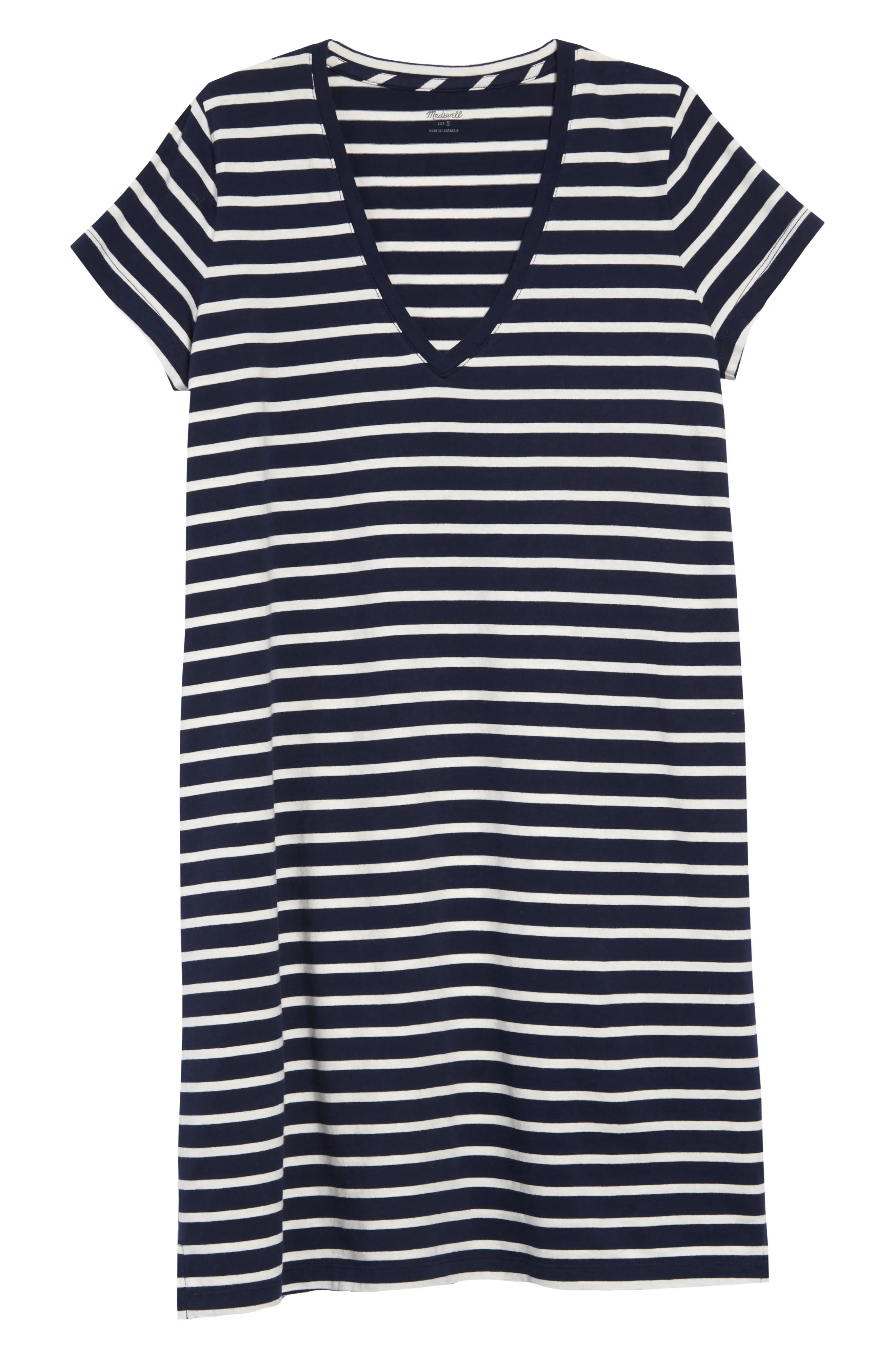 Women's Madewell Northside Vintage Stripe V-Neck T-Shirt Dress, Size Large - Blue | Nordstrom