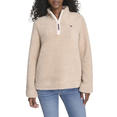 Tommy Hilfiger Women's Sportswear 1/4 Zip Mockneck Sherpa Pullover, Light Heather Fawn, Large | Amazon (US)
