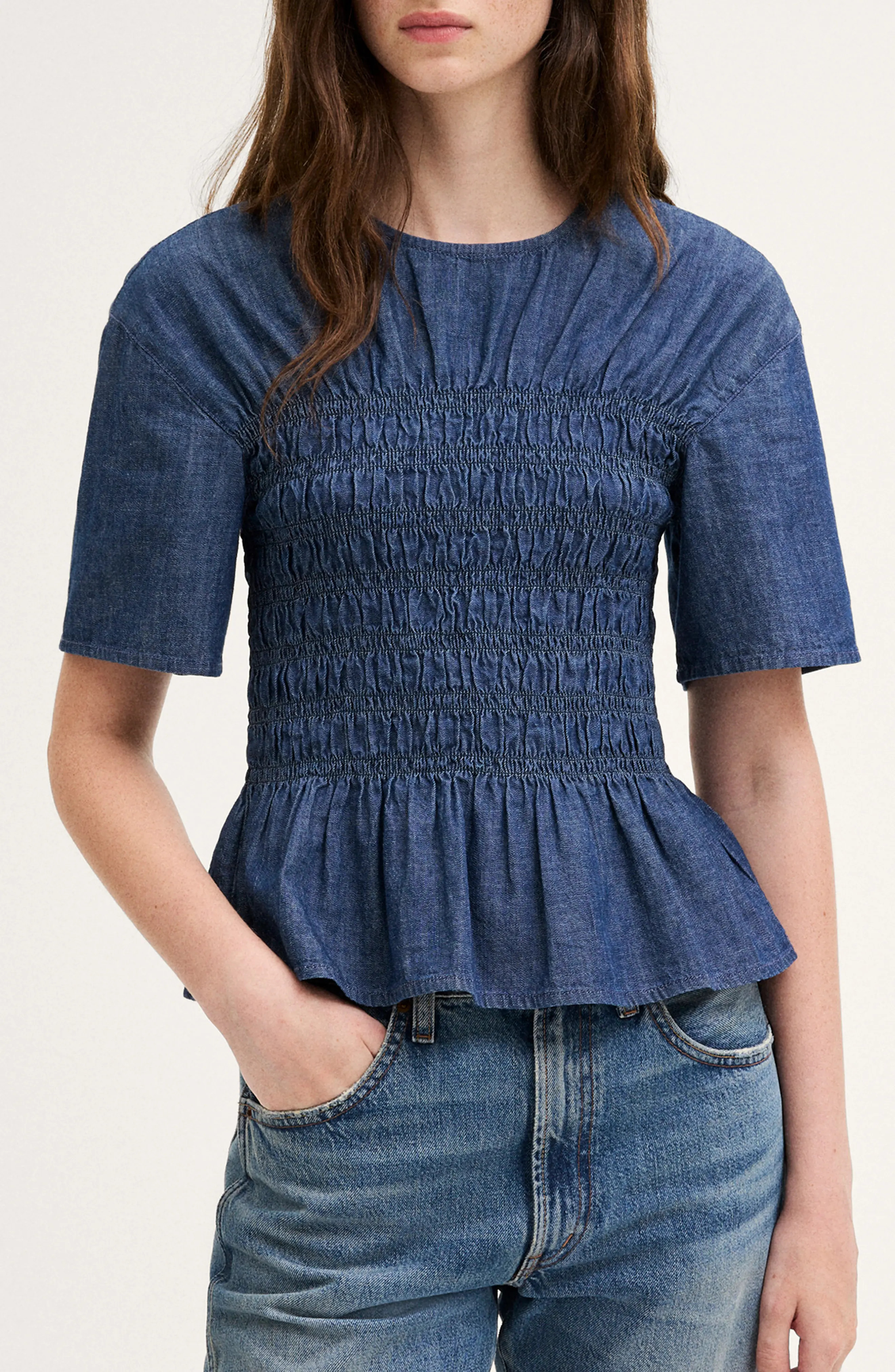 Madewell Smocked Denim Top in Light Rinse at Nordstrom, Size Xx-Large | Nordstrom