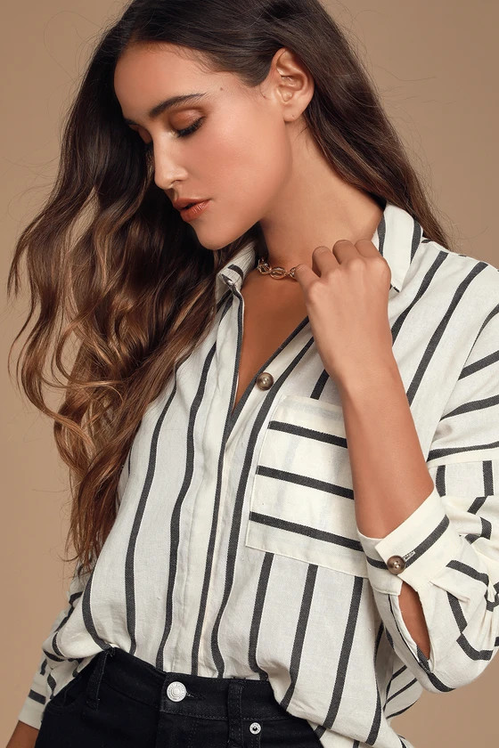 Amelia Dawn Off-White Striped Long Sleeve Button-Up Top | Lulus