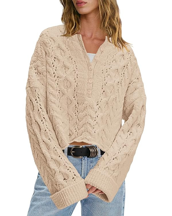 LAMISSCHE Cable Knit Sweater Women Cropped Sweaters Oversized Fall Sweaters Long Sleeve Half Butt... | Amazon (US)