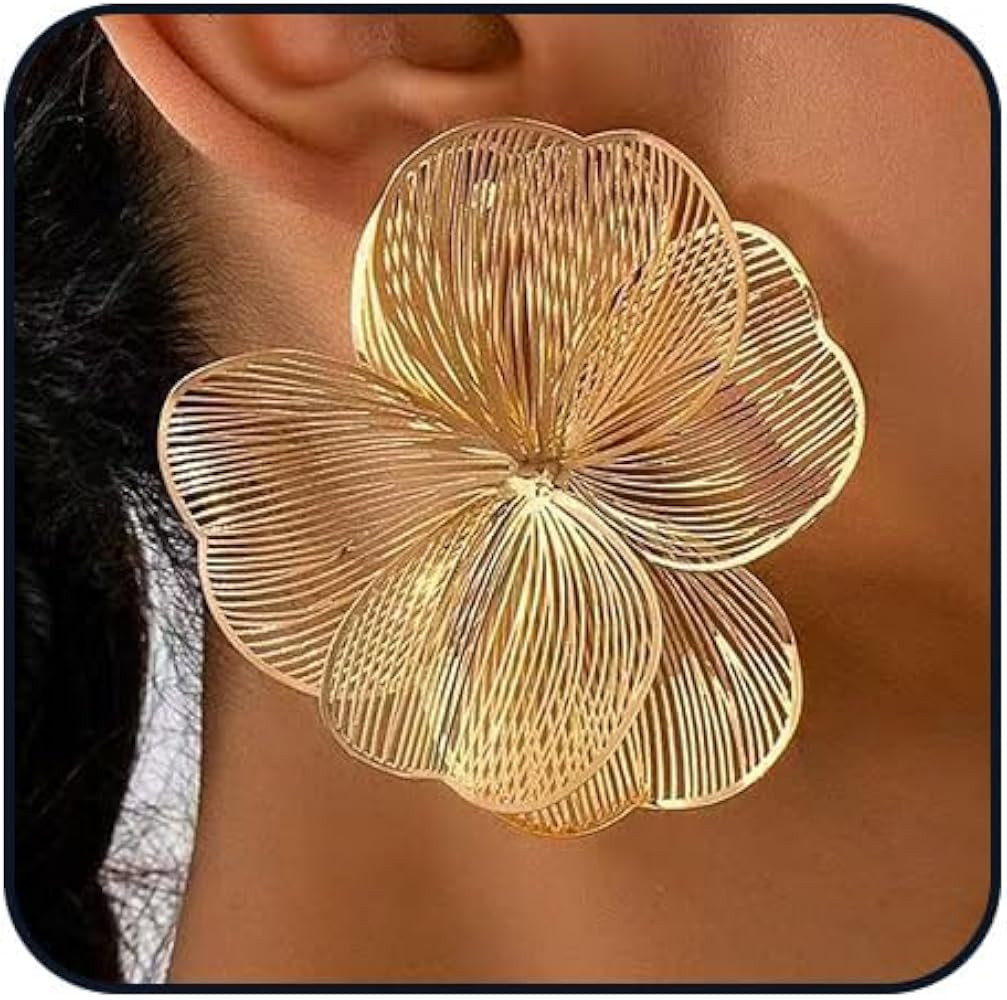 Gold Flower Earrings for Women Chunky Large Floral Earring Big Flower Statement Earrings Unique S... | Amazon (US)