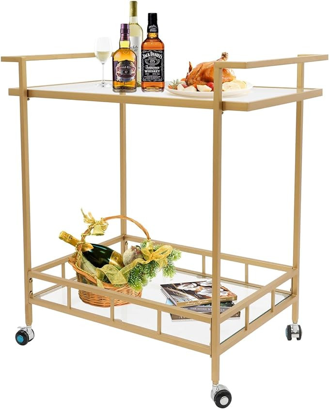Gold Glass Rolling Bar Serving Cart Home on Lockable Wheels, Wine Drink Liquor Cart Stand for Hom... | Amazon (US)